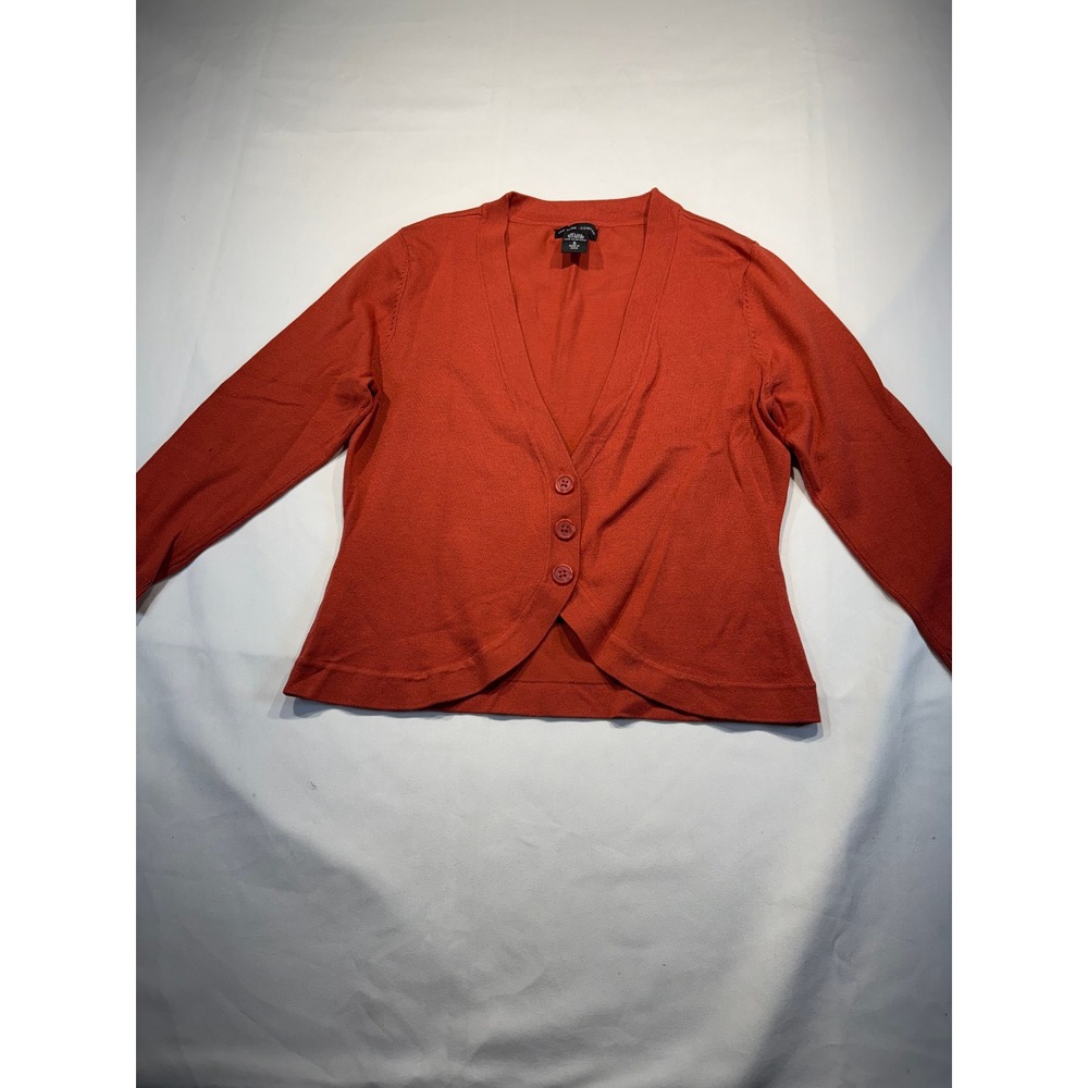 New York & Company Burnt Orange Silk Blend y2k Curved Hem Cardigan Sweater Small